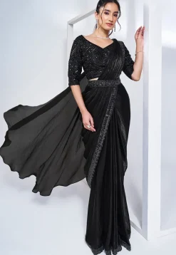 Pre Stitched Satin Silk Saree in Black