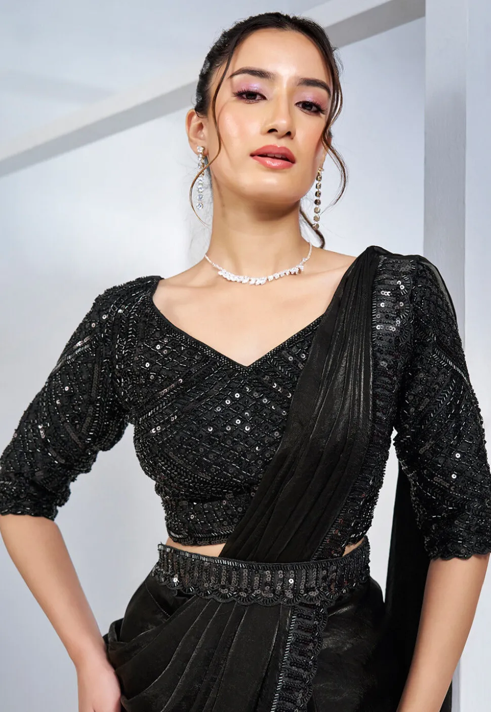 Pre Stitched Satin Silk Saree in Black