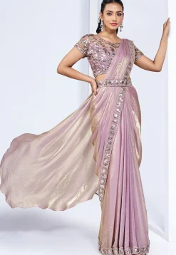 Pre Stitched Satin Silk Saree in Pink
