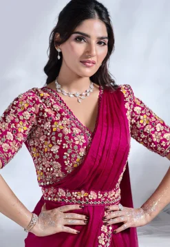 Pre Stitched Satin Silk Saree in Pink