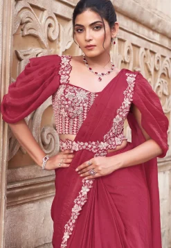 Pre Stitched Satin Silk Scalloped Saree in Pink