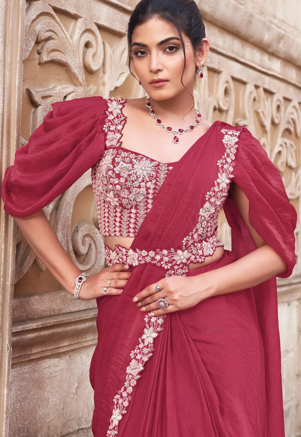 Pre Stitched Satin Silk Scalloped Saree in Pink
