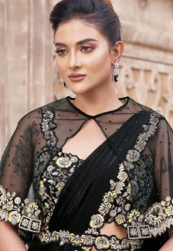 Pre Stitched Satin Silk Scalloped Saree in Black