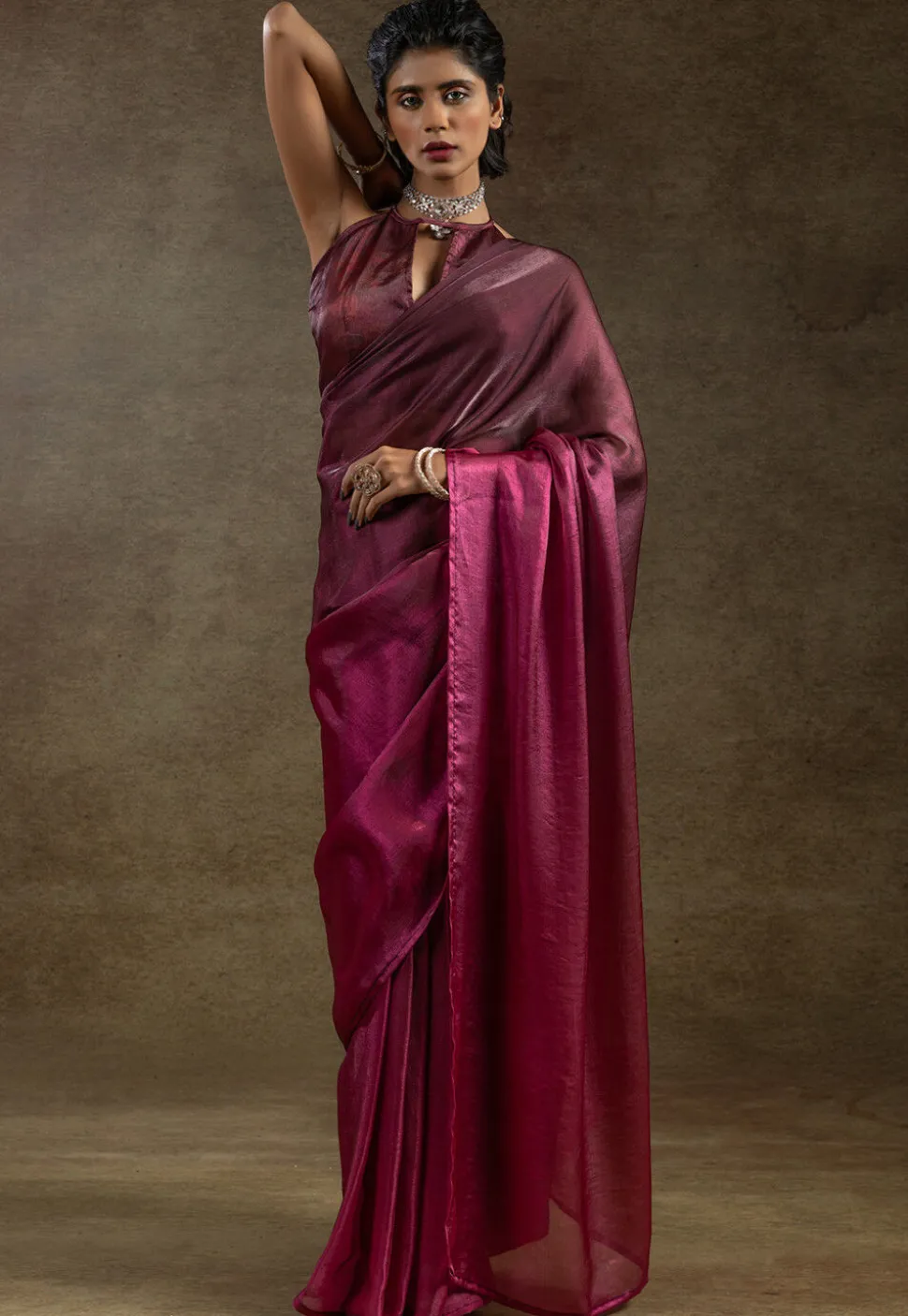 Pre Stitched Satin Silk Saree in Pink