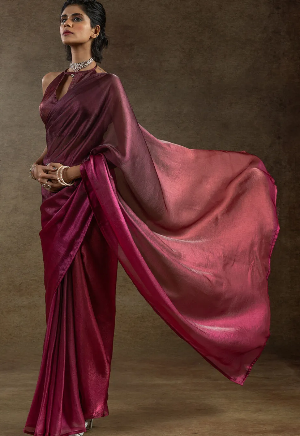 Pre Stitched Satin Silk Saree in Pink