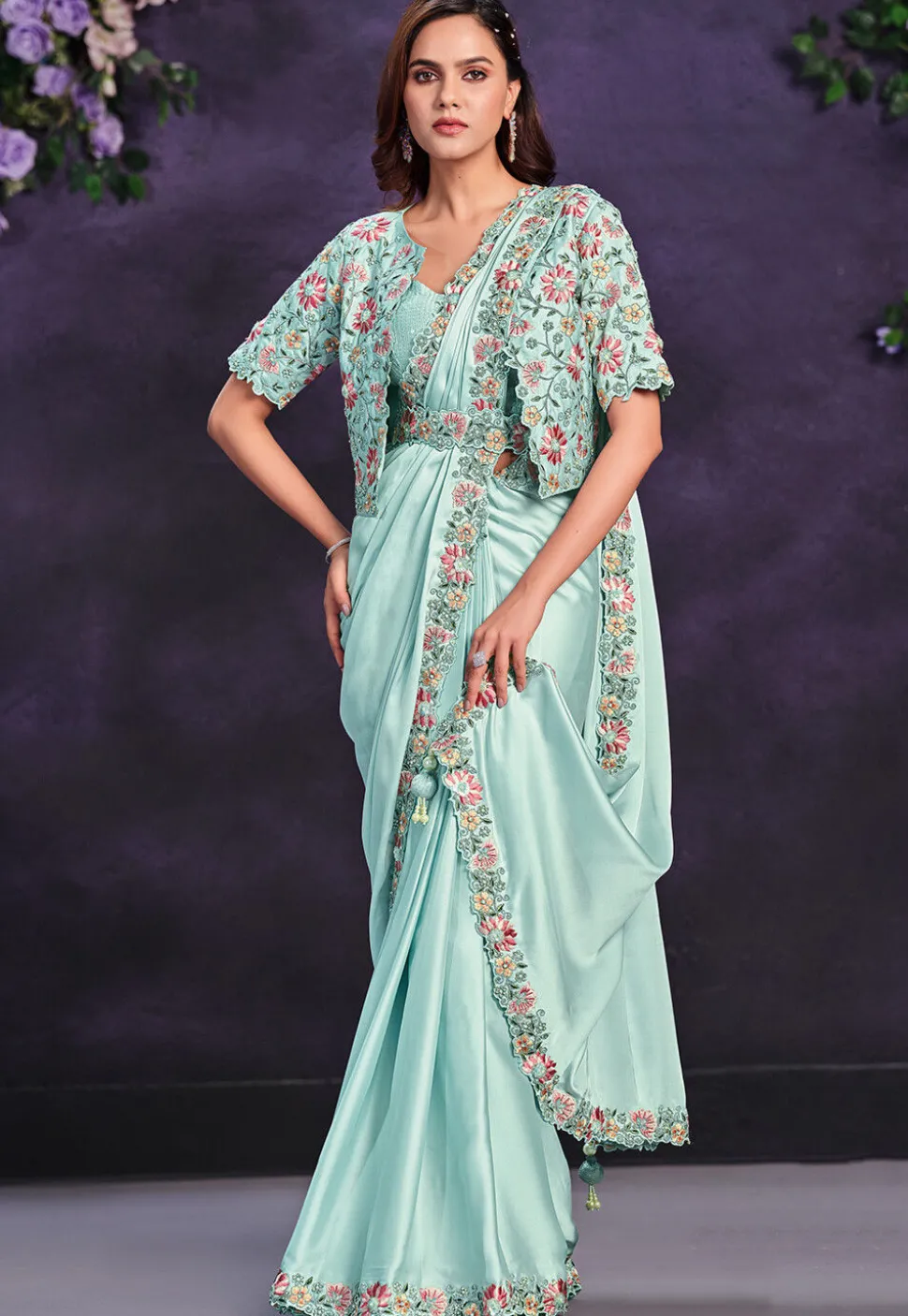 Pre Stitched Satin Silk Sari in Sea Green