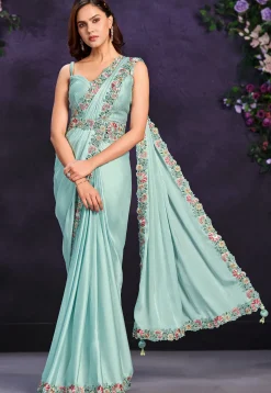 Pre Stitched Satin Silk Sari in Sea Green