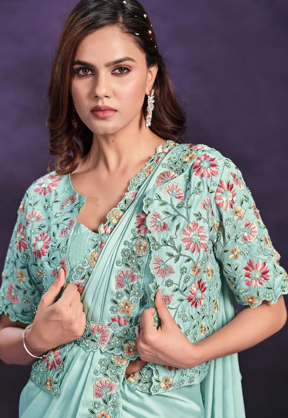 Pre Stitched Satin Silk Sari in Sea Green