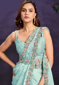 Pre Stitched Satin Silk Sari in Sea Green