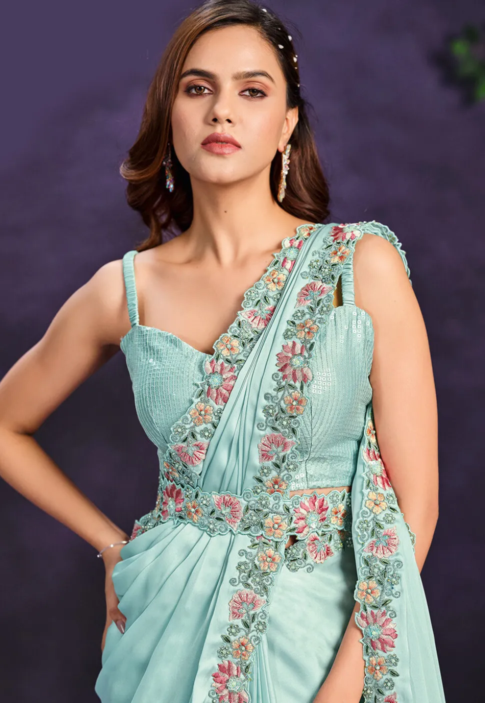 Pre Stitched Satin Silk Sari in Sea Green