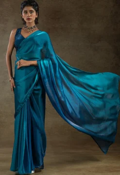 Pre Stitched Satin Silk Saree in Teal Blue