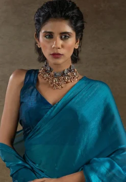 Pre Stitched Satin Silk Saree in Teal Blue