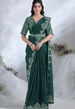 Pre Stitched Satin Silk Saree in Teal Green