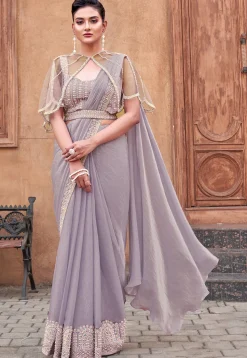 Pre Stitched Satin Silk Saree in Purple