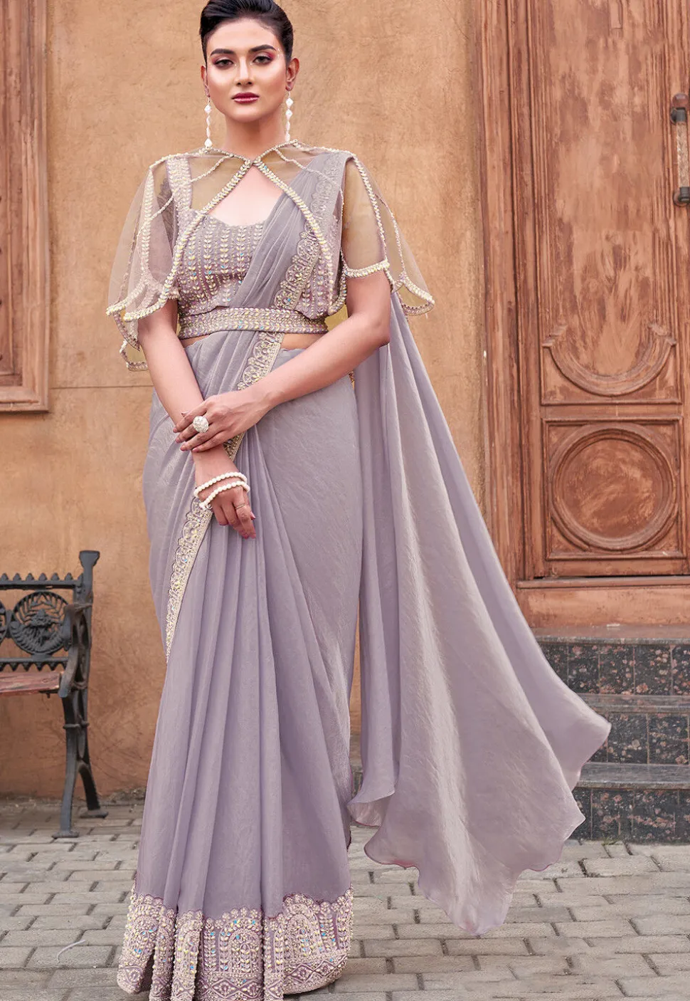 Pre Stitched Satin Silk Saree in Purple
