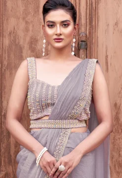 Pre Stitched Satin Silk Saree in Purple
