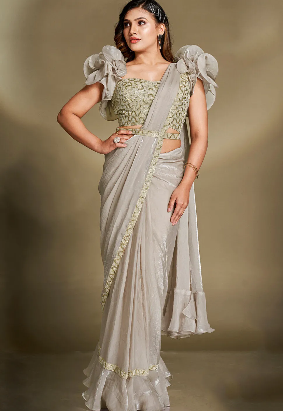 Pre Stitched Satin Silk Saree in Grey