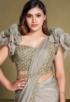 Pre Stitched Satin Silk Saree in Grey