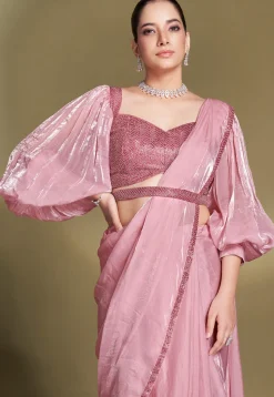 Pre Stitched Satin Silk Saree in Baby Pink