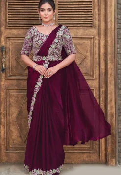 Pre Stitched Satin Silk Saree in Wine