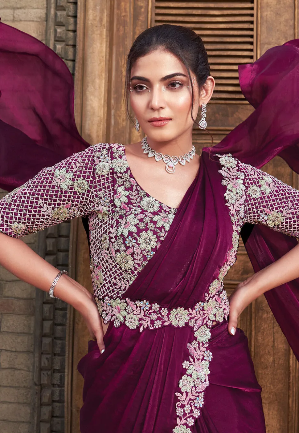 Pre Stitched Satin Silk Saree in Wine