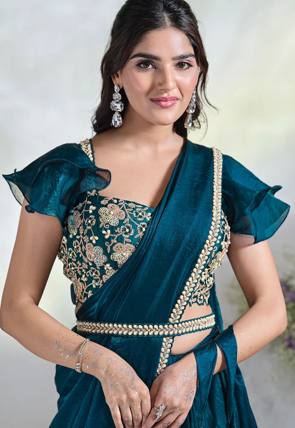 Pre Stitched Satin Silk Saree in Teal Blue
