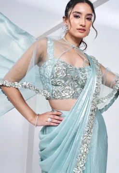Pre Stitched Satin Silk Saree in Sky Blue