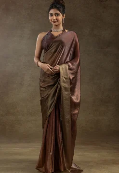 Pre Stitched Satin Silk Saree in Brown