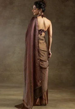 Pre Stitched Satin Silk Saree in Brown