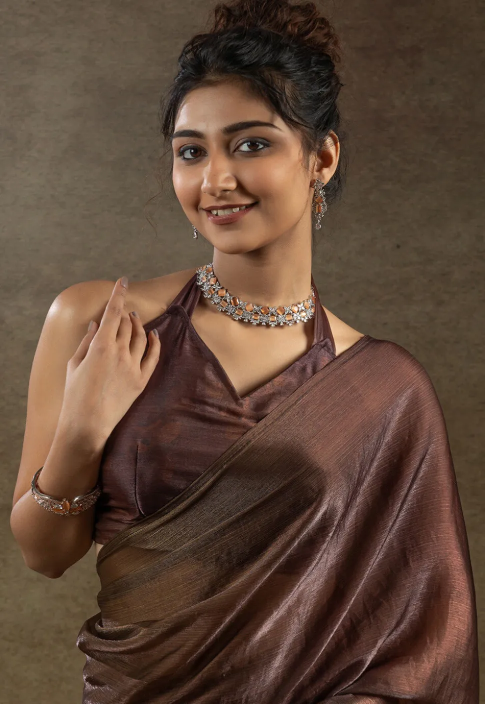 Pre Stitched Satin Silk Saree in Brown