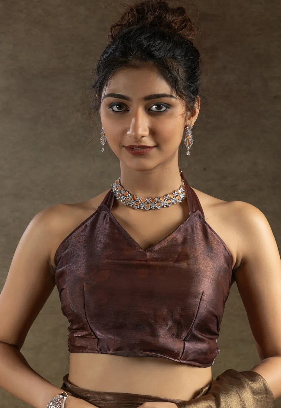 Pre Stitched Satin Silk Saree in Brown