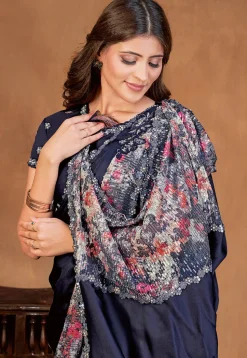 Pre Stitched Satin Silk Saree in Navy Blue