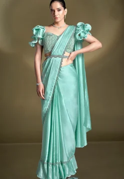 Pre Stitched Satin Silk Scalloped Saree in Sea Green