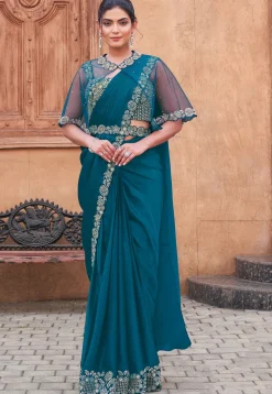 Pre Stitched Satin Silk Saree in Teal Blue
