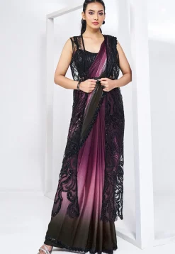 Pre Stitched Satin Silk Saree in Wine and Black