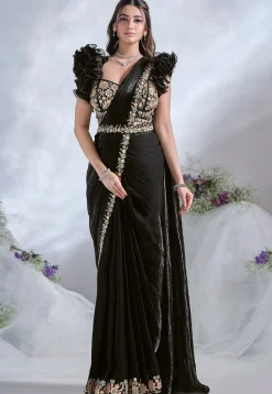 Pre Stitched Satin Silk Saree in Black