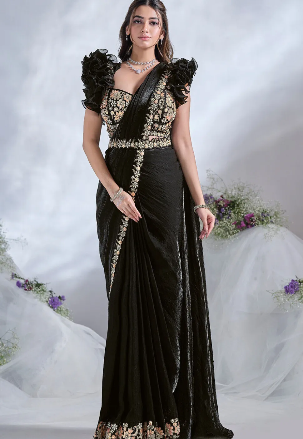 Pre Stitched Satin Silk Saree in Black