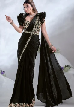 Pre Stitched Satin Silk Saree in Black