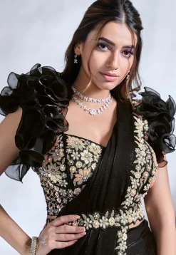 Pre Stitched Satin Silk Saree in Black