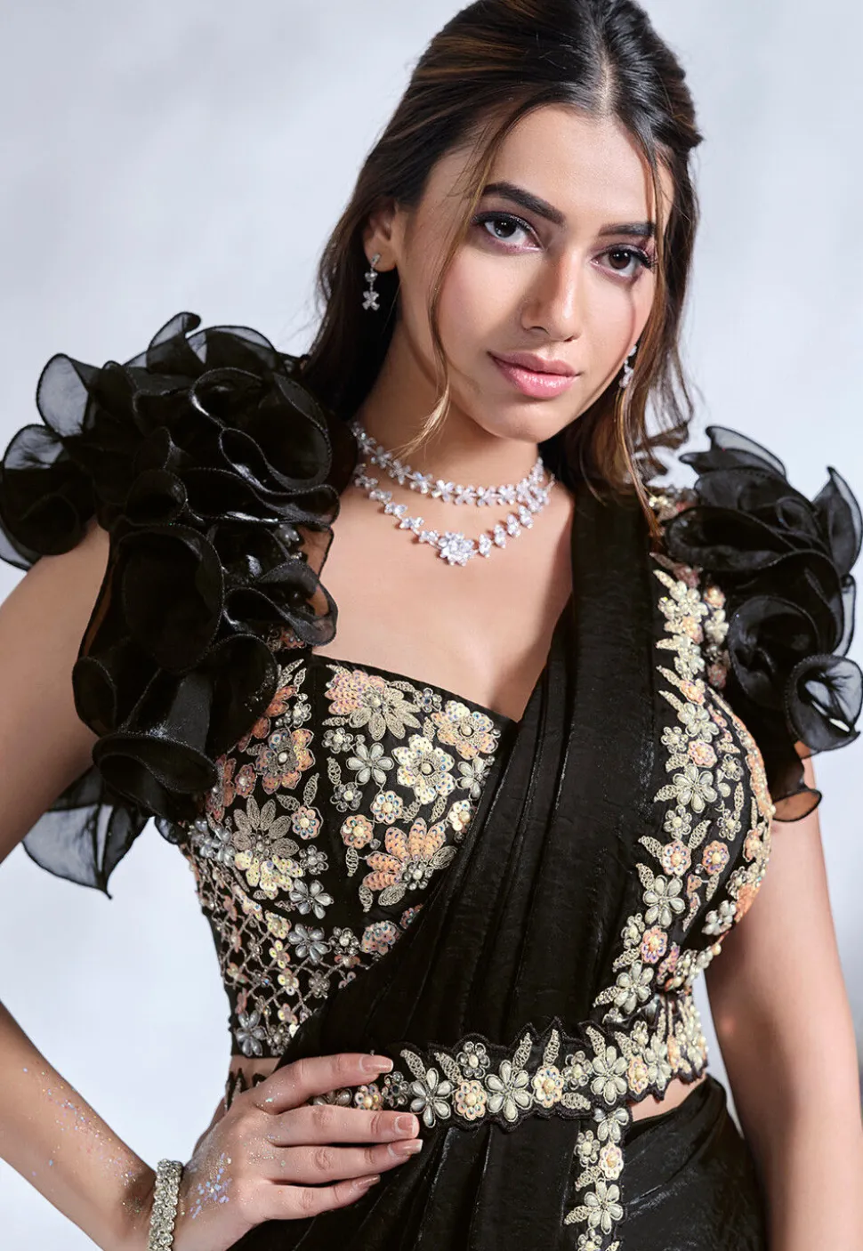 Pre Stitched Satin Silk Saree in Black