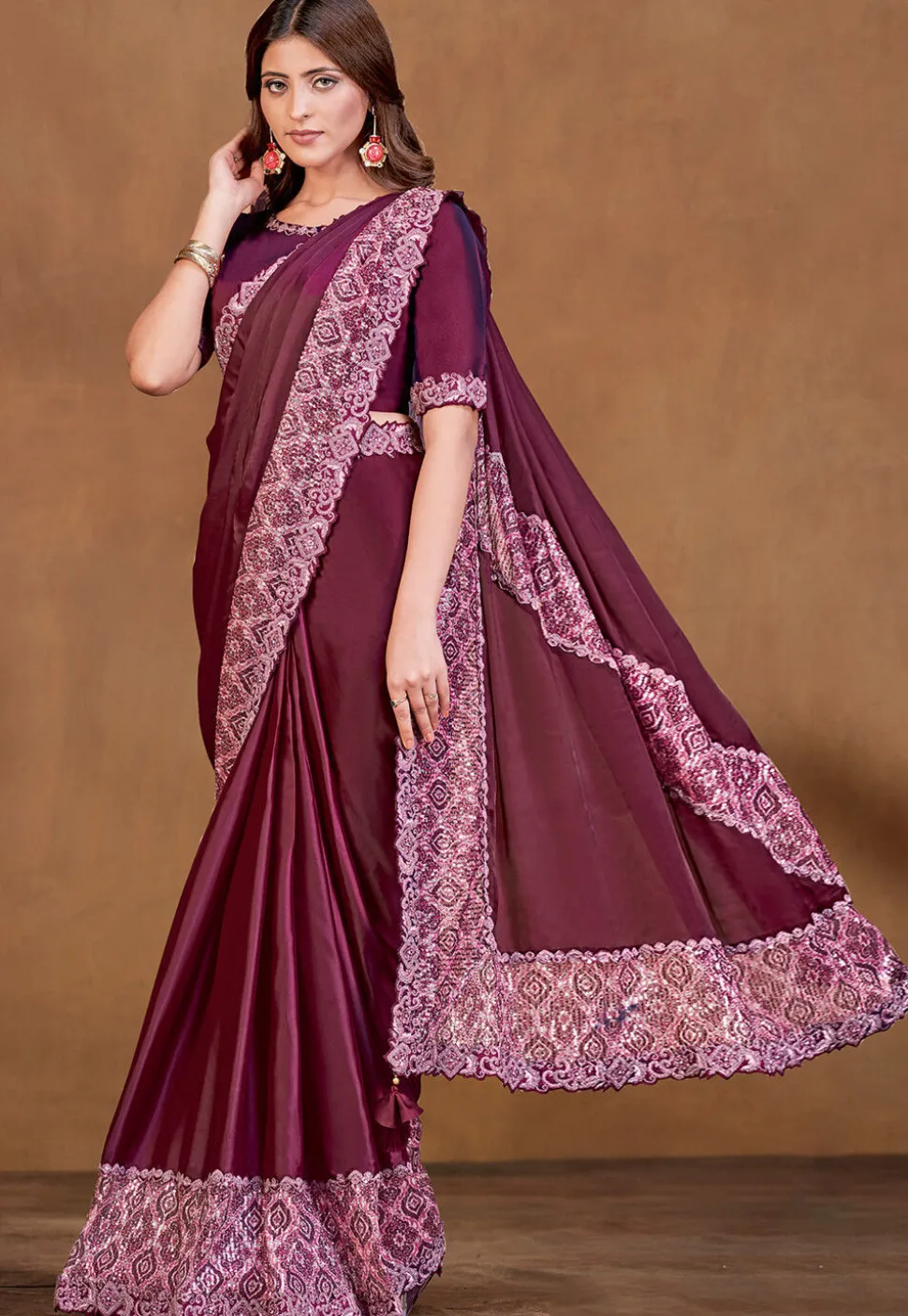 Pre Stitched Satin Silk Saree in Wine
