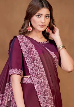 Pre Stitched Satin Silk Saree in Wine