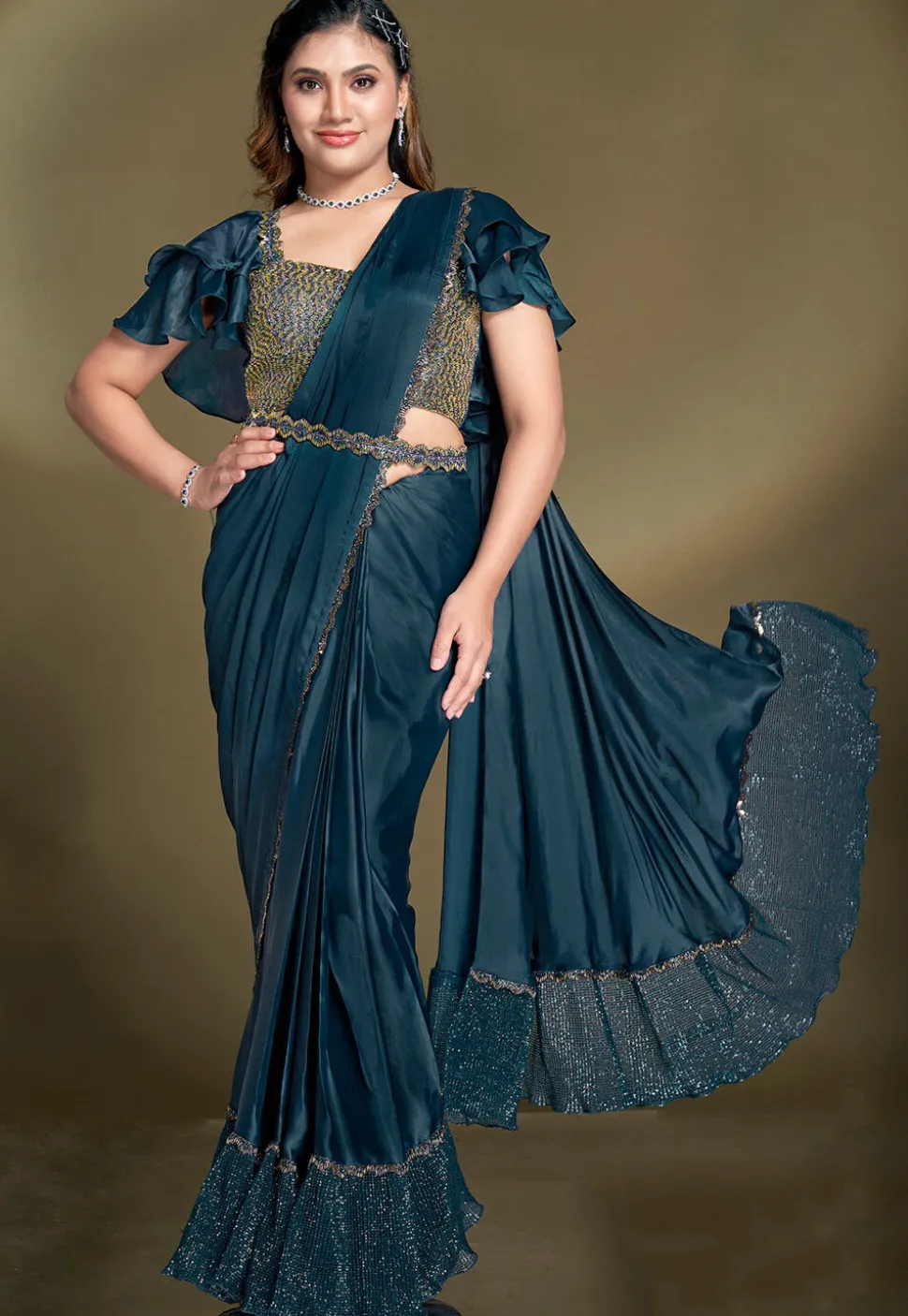 Pre Stitched Satin Silk Saree in Teal Blue