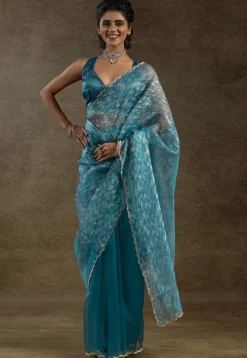 Pre Stitched Tissue Silk Saree in Light Blue