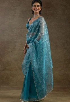 Pre Stitched Tissue Silk Saree in Light Blue