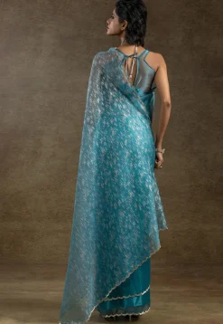 Pre Stitched Tissue Silk Saree in Light Blue