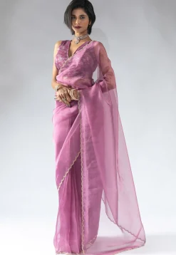 Pre Stitched Tissue Silk Saree in Purple