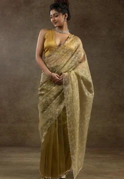 Pre Stitched Tissue Silk Saree in Mustard