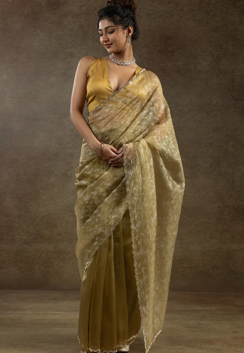 Pre Stitched Tissue Silk Saree in Mustard