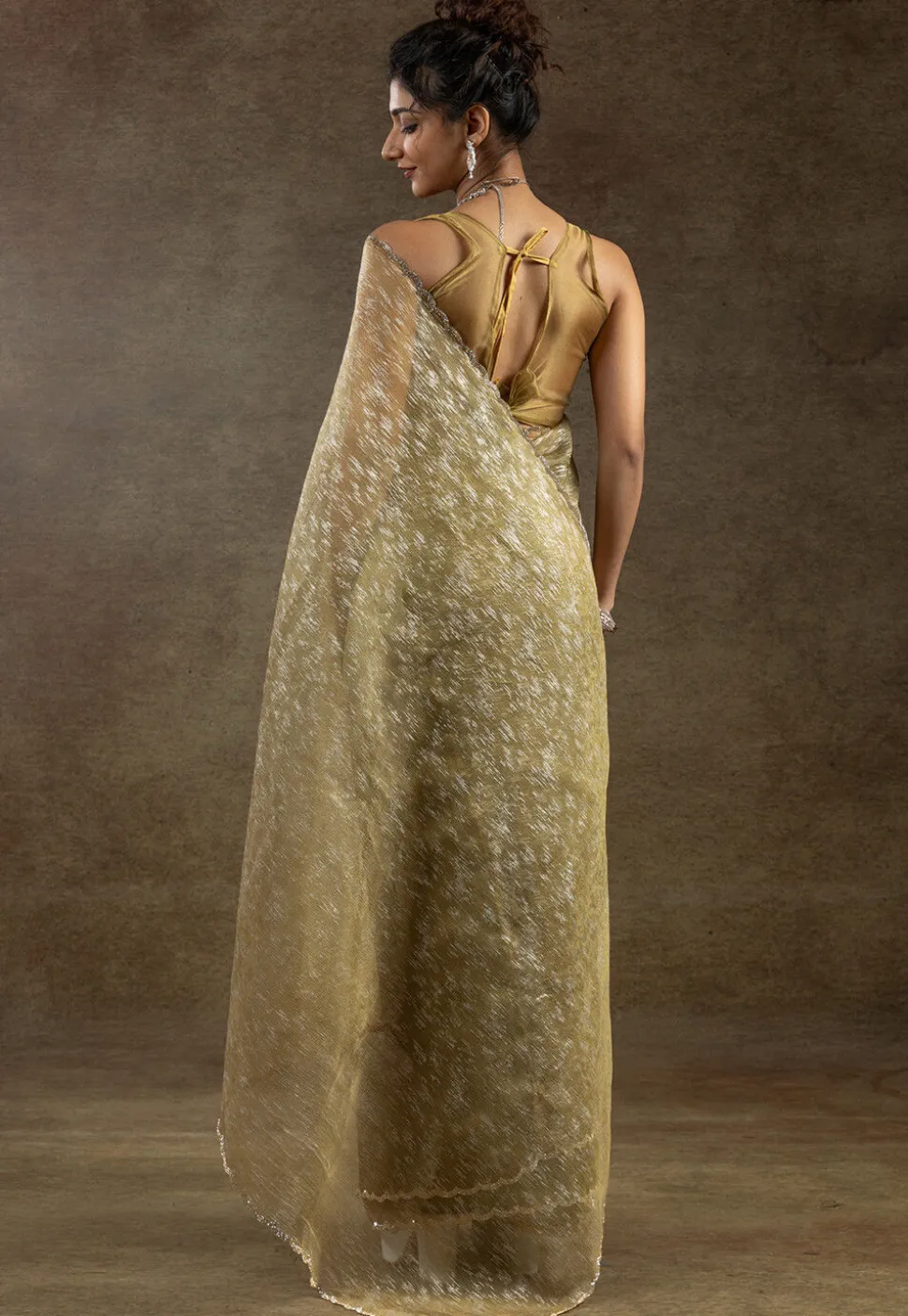 Pre Stitched Tissue Silk Saree in Mustard